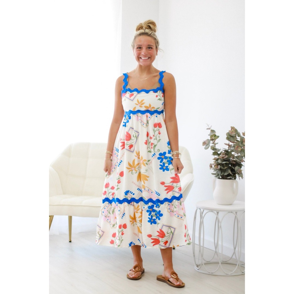 Floral Print Midi Dress - Sleeveless, Scalloped Trim,‎ Casual - Size S